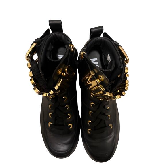 Moschino Black Leather High Top Boots Gold Logo Chain Lace Up Sneakers main image 6